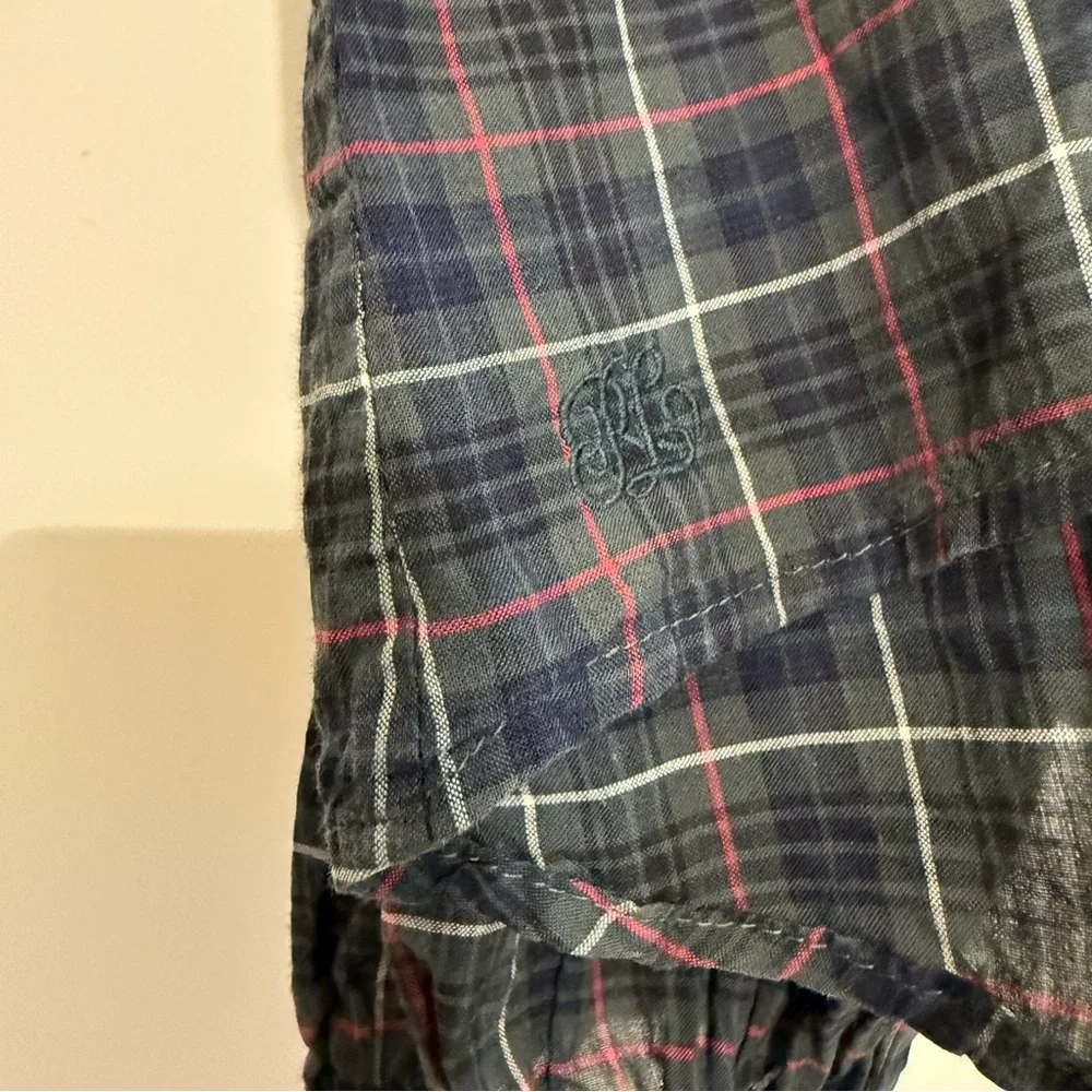 Ralph Lauren Plaid Blouson Top Dark Green Shimmery Buttons 7 Christmas Holiday